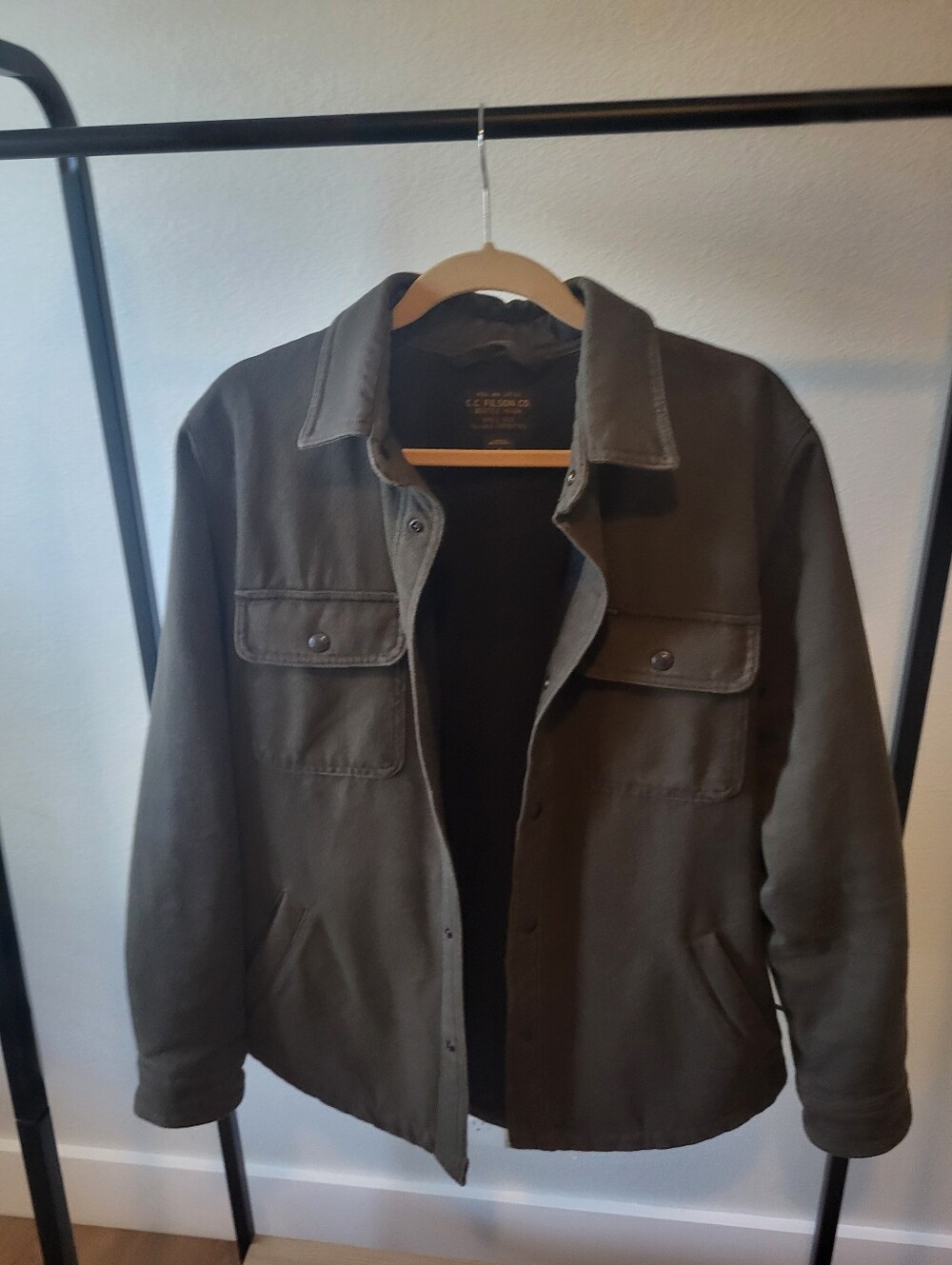 Filson Dark Olive Green Fleece Lined Jac-shirt with Chest Flap Pockets